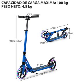 Trotinete dobrável com luzes LED para crianças Guiador com altura ajustável 93 x 43 x 91-106 cm Azul