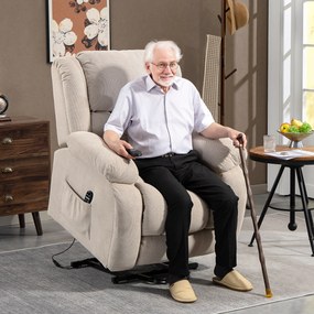 Poltrona elevatória elétrica com massagem e aquecimento, apoio para os pés, encosto reclinável, comando à distância e bolso lateral bege