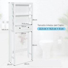 Armário Casa de banho de arrumação sobre a sanita Organizador com calha regulável 2 prateleiras Gaveta economizadora de espaço 60 x 20 x 165,5 cm Branco