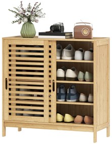 Sapateira de Bambu com 2 Portas de Correr de Ripas Sapateira de Entrada com Prateleiras Ajustáveis para 16 Pares de Sapatos 80x35x80 cm Madeira