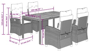 5 pcs conjunto de jantar p/ jardim c/ almofadões vime PE preto