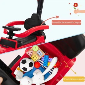 Carro de passeio 3 em 1 para crianças com capota ajustável, alça para os pais, barra de apoio para os braços, som de motor e buzina vermelho