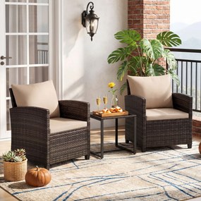 Conjunto de 3 móveis de rattan para jardim, com 2 cadeiras, mesa de vidro e almofadas pretas com capas removíveis, para jardim, terraço ou piscina Cas