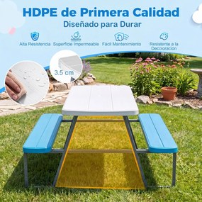 Mesa de Piquenique Infantil com 2 Bancos Integrados, 102 x 100 x 150 cm, Guarda-sol Removível e Ajustável, Azul