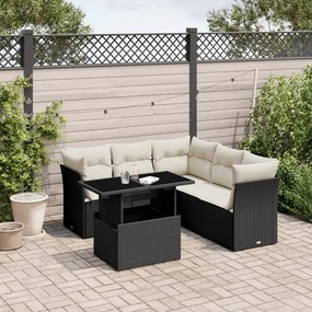 6 pcs conjunto sofás de jardim c/ almofadões vime PE preto