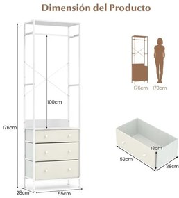 Guarda Roupa com gavetas com barra para pendurar e prateleiras para entrada do quarto 55 x 28 x 176 cm Branco