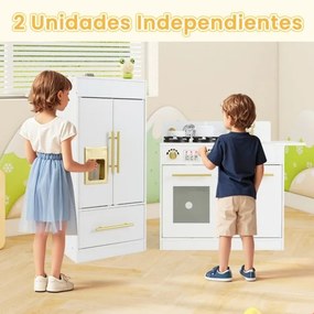 Cozinha para crianças 106,5 x 30 x 81 cm com frigorífico, fogão, máquina de gelo, máquina de lavar louça, lava-louças e relógio para crianças a partir