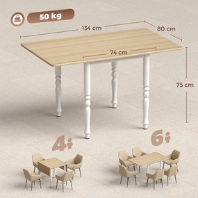 Mesa de jantar dobrável para 2 a 6 pessoas, 74-134 cm (CADEIRAS NÃO INCLUIDAS), mesa de cozinha com 2 abas, pés em aço, madeira natural