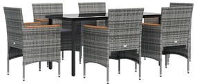 7 pcs conjunto de jantar p/ jardim c/ almofadões cinza e preto
