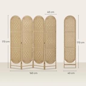 Biombo Separador de 4 Painéis 160x170 cm Painel de Privacidade Dobrável Boémio com Topo Arqueado Entrançado à Mão Madeira