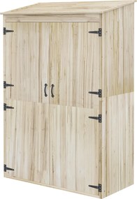 Armário de jardim, armário de arrumação em madeira, 2 prateleiras, 2 portas, telhado inclinado, 120 x 57 x 183 cm, madeira natural