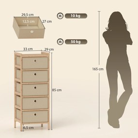 Cómoda com 5 Gavetas em Tecido, Estrutura de Bambu, Ideal para Espaços Pequenos, Creme e Madeira