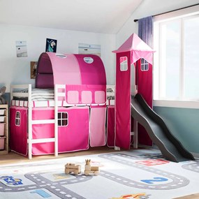 vidaXL Cama alta para criança com torre 80x200 cm pinho maciço rosa