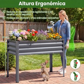 Floreira Elevada de Metal 112 x 55 x 81 cm com Revestimento Eletroforético e Drenagem para Legumes, Flores e Frutas - Cinzenta