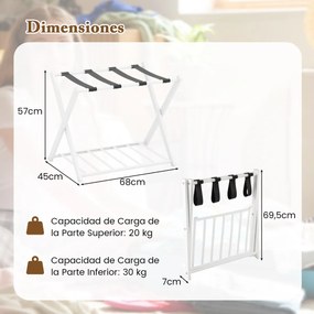 Estante dobrável de metal para bagagens até 60 kg com 4 correias estáveis e design de 2 andares para casa e hotel Branco