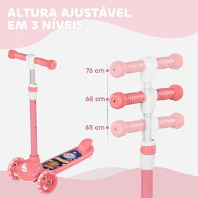 Trotinete para Crianças Trotinete com 3 Rodas LED Altura Ajustável Carga 25 kg 52x29x63-76 cm Rosa