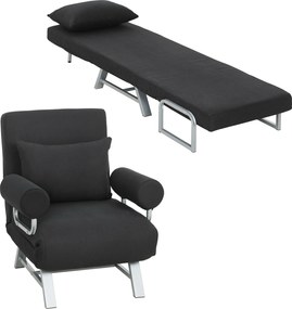 Poltrona reclinável convertível em sofá-cama de 1 lugar, com almofada lombar, braços e base em metal, em linho preto