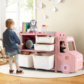 Organizador de brinquedos para crianças Estante infantil em forma de camião com 2 recipientes 2 gavetas Armarios 110 x 32 x 66 cm Rosa