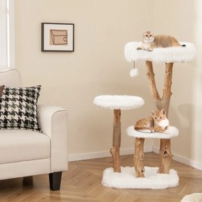 Arrranhador para gatos em madeira maciça 110 cm Torre para gatos moderna com plataforma Postes de arranhar em juta natural Bola suspensa branca