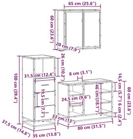 3 pcs Conjunto móveis casa de banho madeira proc. cinza sonoma