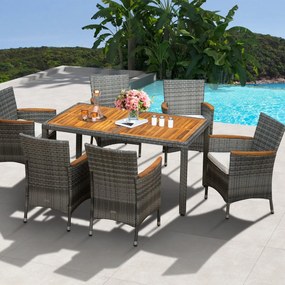 Conjunto de jantar Jardim de 7 peças Rattan PE Conjunto de móveis de rattan com mesa retangular de madeira 6 cadeiras almofadas para pátio jardim terr