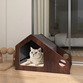 Casa de madeira para gatos 60 x 40 x 40 cm de interior com comedouro Teto removível e estrutura metálica  Castanho