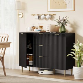Aparador de sala ou cozinha com 3 gavetas 120 x 40 x 90 cm, prateleiras ajustáveis, armários com portas caneladas, preto