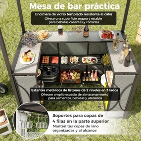 Conjunto de bar de Jardim de 3 peças Tenda de churrasco +  2 bancos de bar Mesa temperada Estantes de metal e suportes de vidro Cinzento