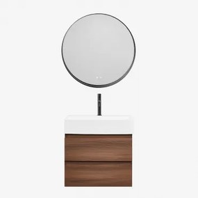 Conjunto De Móvel De Casa De Banho Em Madeira E Chapa De Freixo Com Lavatório Integrado Ona Madeira Escura & Redondo Led - Sklum