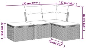 4 pcs conjunto sofás de jardim c/ almofadões vime PE castanho