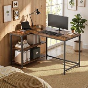 Secretária com espaço de arrumação em L 110 x 80 x 76 cm, prateleira ajustável em altura castanho