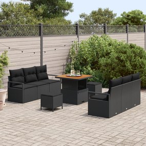 Conjunto de Sofá de Jardim de 9 Peças com Almofadas Preto Rattan Polif