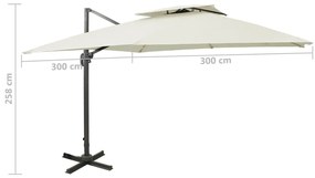 Guarda-sol de jardim cantilever c/ toldo duplo 300x300 cm areia