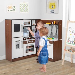 Cozinha de brincar de canto em madeira para crianças com luzes e sons, sistema de circulação de água, cortinas enroláveis e acessórios Castanho