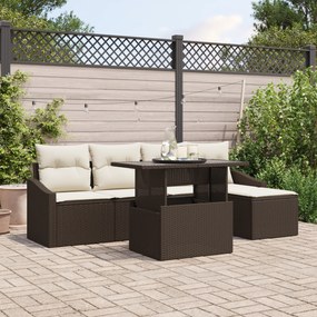 Conjunto de Sofá de Jardim com 6 Peças e Almofadas em Vime Castanho
