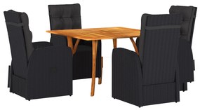 vidaXL Conjunto de Jantar de 5 Peças com Almofadas de Rattan Preto e Acácia