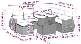 8 pcs conjunto sofás de jardim c/ almofadões vime PE castanho