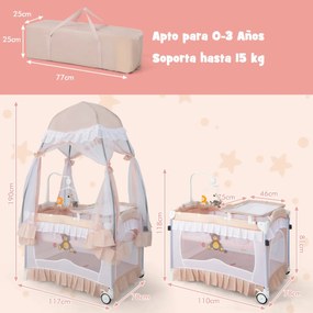 Berço de viagem dobrável para bebés de 0 a 36 meses com toldo Trocador Brinquedo Rodas com travões Saco de transporte Rosa claro