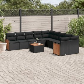11 pcs conjunto sofás de jardim c/ almofadões vime PE preto