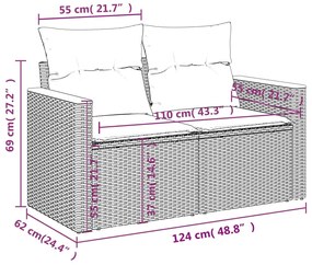6 pcs conjunto sofás p/ jardim c/ almofadões vime PE cinzento