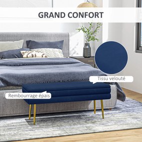 Banco com arrumação 2 em 1, assento com acabamento em veludo e pés em aço 100 x 37,5 x 42 cm, azul e dourado