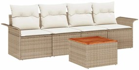 Conjunto de Sofá de Jardim de 5 Peças com Almofadas Bege Rattan Poliés