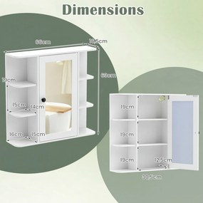 Armário de parede suspenso 66 x 16,5 x 63 cm para casa de banho com porta espelhada, 3 prateleiras e 6 compartimentos abertos, para entrada de corredo