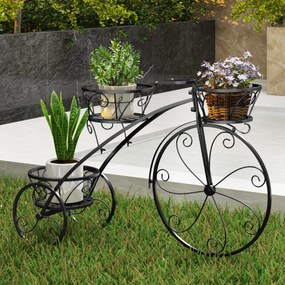 Suporte para plantas em forma de Triciclo com 3 cestos ocos e rodas Aspeto parisiense para pátio e jardim Preto