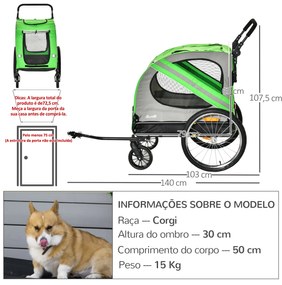 Reboque Bicicleta Cães 2 em 1 Transporte Animais Estimação Porta Enrolável 140x72,5x107,5cm Verde