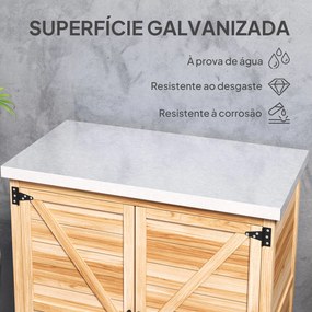 Armário de Exterior em Madeira com Tampo de Aço Galvanizado Prateleira 2 Portas  para Armazenamento de Ferramentas 79x43x92 cm Madeira