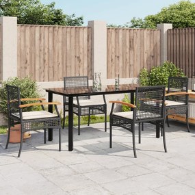 5 pcs conjunto de jantar p/ jardim c/ almofadões vime PE preto