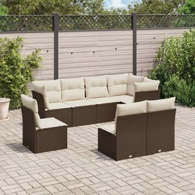 8 pcs conjunto sofás de jardim c/ almofadões vime PE castanho