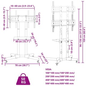 Suporte de TV c/ rodas ecrãs de 32-70" Max VESA 600x400mm 50kg