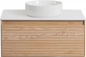 Conjunto De Móvel De Casa De Banho Suspenso Em Madeira De Freixo Tedrik Castanho Fresno & Cerâmica Redonda Branca Ø40 Cm Lenka & Sem - Sklum